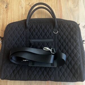 Vera Bradley black quilted briefcase, laptop, outside zippered pockets strap